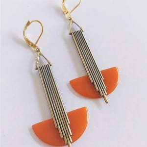 Vintage Art Deco Bakelite Earrings, Orange Tango & Gold Geometric Drop