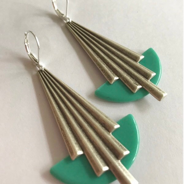 Vintage Art Deco Earrings: Turquoise Galalith & Silver Plated Geometric Dangles