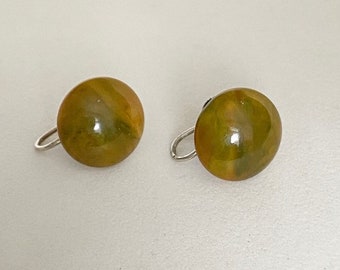 Antique Art Deco 1930s Olive green Marbled bakelite & French silver 935 screw back earrings