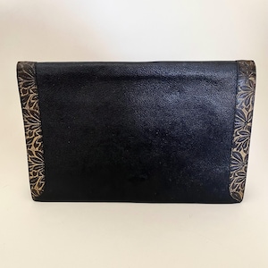 Antique Chic Art Deco Black leather Clutch with embossed gold leaves design vintage wedding