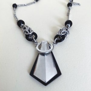Art deco necklace Antique Art Deco Black Galalith & Chrome modernist necklace
