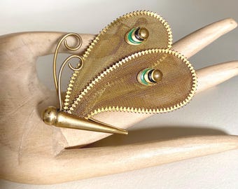 Art Deco Butterfly Dress Clip: Gold Tone Enamel Brooch