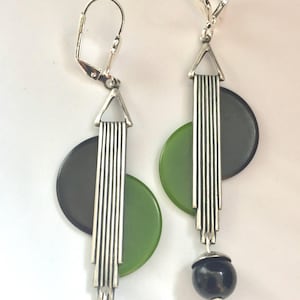 Bakelite earrings Art Deco Green & black bakelite chrome earrings modernist jazz age art deco earrings