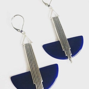 Art Deco earrings Large Stunning Midnight Blue galalith 'Odeonesque' Geometric  jazz age modernist bakelite vintage earrings