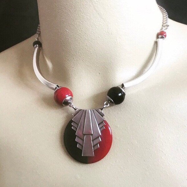 Art deco necklace Vintage Art Deco Black & Red Bakelite with chrome geometric Bengel style necklace modernist bakelite necklace