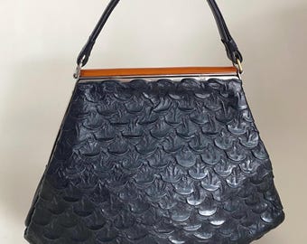 Antique Rare 1920s Art Deco Black Leather & Orange Bakelite Vintage  Handbag
