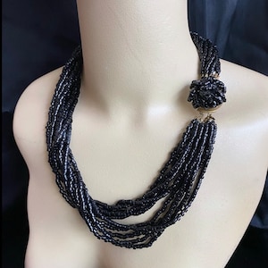 Glamorous Vintage 1950s Black Glass Bead Multi strand statement necklace