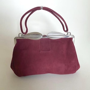 Antique Art Deco handbag Chic chrome & Burgundy red suede handbag purse