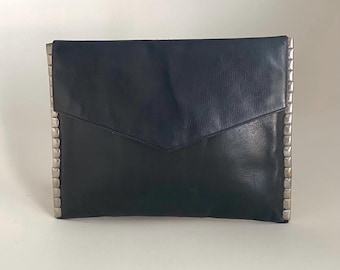Antique Art Deco dark Green leather Clutch with Chrome detailing