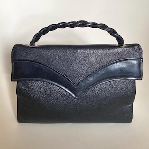 Antique Art Deco Elegant Chrome & black Leather handbag purse flapper modernist
