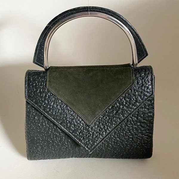 Antique Art Deco 1920s -1930s Geometric Green Leather & Suede with Chrome handbag purse flapper Bauhaus style