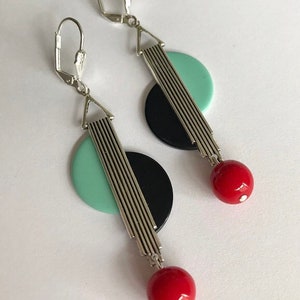 Vintage Art  Deco Earrings geometric black turquoise & red bakelite  silver plated Earrings modernist jazz age bakelite gift