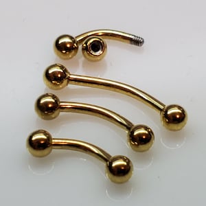 18g 16g 14g Eyebrow Ring, Curved Barbell, Yellow Gold Color Surgical Steel, 6mm, 8mm, 10mm x 3mm Balls, Eyebrow, Rook, Daith, Tragus