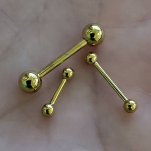 Gold Color 14g Straight Barbell,  U-Pick Length And Ball Size, Fits Tragus, Rook, Helix, Septum, Nipple, Tongue, Industrial