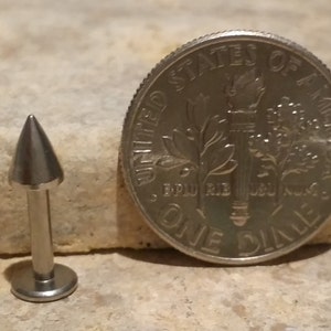 May include: A silver body piercing with a pointed tip, next to a US dime for size comparison. The piercing is made of surgical steel and is suitable for a variety of body piercings.
