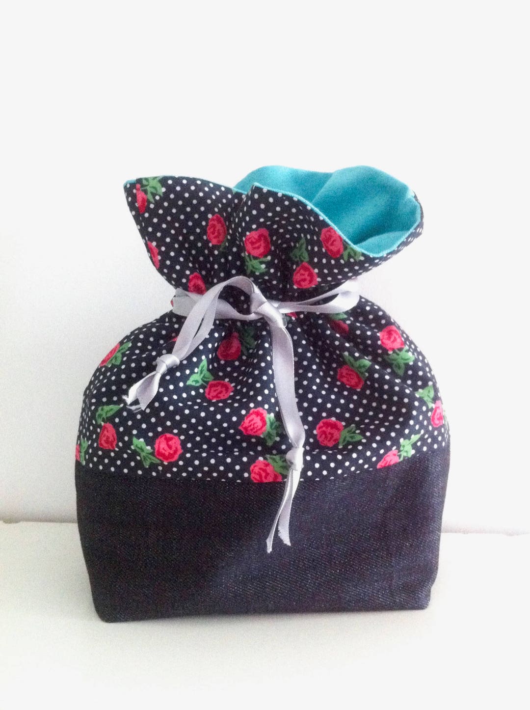 Small Laundry Bag for Socks, Polka Dot Cotton and Black Denim Bag