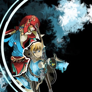May include: Digital illustration featuring characters from The Legend of Zelda. The artwork depicts two figures in a circular design with a black background and blue and white smoke-like effects. The characters are in blue, red, and gold.