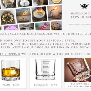 May include: A collage of upcycled home decor items, including illuminated drums and bottle lights. The image also features three different styles of clear glass tumblers: plain, engraved with measurement lines, and personalized with the word "Dad". The text "HANDMADE DECOR TOWER ANGEL" is visible.