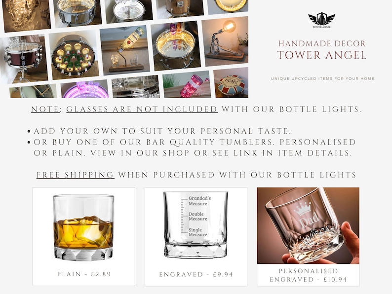 May include: A collage of upcycled home decor items, including illuminated drums and bottle lights. The image also features three different styles of clear glass tumblers: plain, engraved with measurement lines, and personalized with the word "Dad". The text "HANDMADE DECOR TOWER ANGEL" is visible.