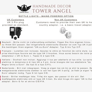 May include: Image shows a product description for "Handmade Decor Tower Angel Bottle Lights." It details plug types for UK and non-UK customers, with a UK 3-pin plug provided as standard. Text in multiple languages explains the need for adaptors.