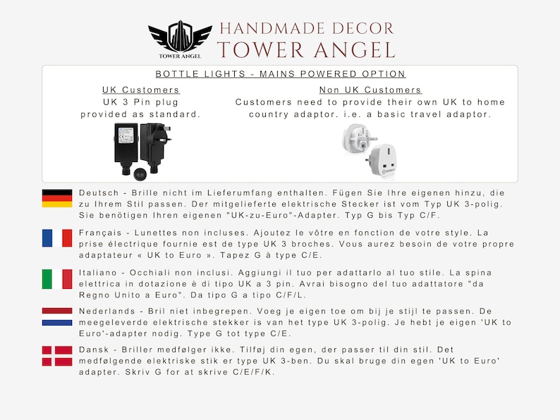 May include: Image shows a product description for "Handmade Decor Tower Angel Bottle Lights." It details plug types for UK and non-UK customers, with a UK 3-pin plug provided as standard. Text in multiple languages explains the need for adaptors.
