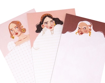 Pink Illustrated Notepad Bundle of 3 Cute Stationery Grid Lined Blank Desk Pads 50 Sheets Each