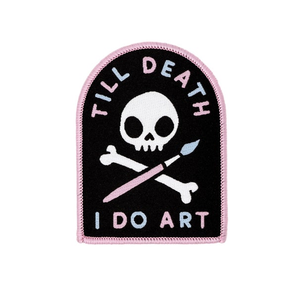 Till Death I Do Art | Embroidered Woven Iron On Patch | Art Student Artsy Skull