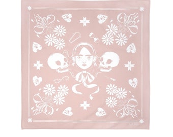 Memento Mori | Illustrated Screenprint Organic Cotton Neck scarf Neckerchief Bandana Small Pastel Pink