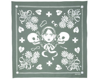 Memento Mori | Illustrated Screenprint Organic Cotton Neck scarf Neckerchief Bandana Small Soft Green