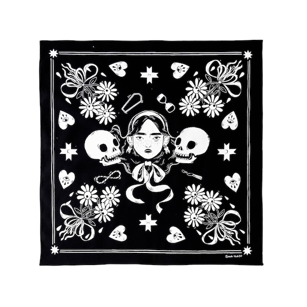 Memento Mori | Illustrated Screenprint Organic Cotton Neck scarf Neckerchief Bandana Small Black
