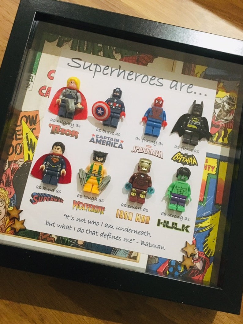 Handmade Personalised Picture Frame Lego Superhero Marvel Avengers Comic Son Grandson Brother Christening Birthday Best Friend Gift