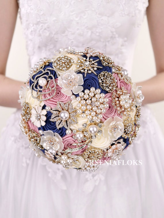 Brides Posy Bouquet Navy Blue and Blush Pink Roses with Brooches