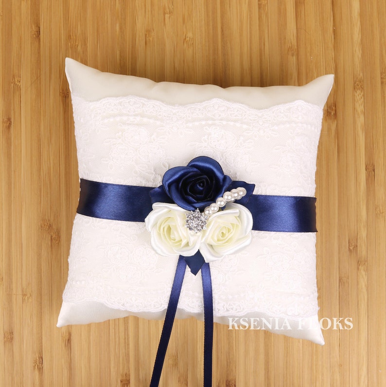 Ring Bearer Pillow Ivory And Navy Blue Ring Pillow Wedding Etsy