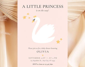 Rosa Schwan-Babyparty-Einladung: Bearbeitbare Prinzessin Vorlage (Digitaler Download)