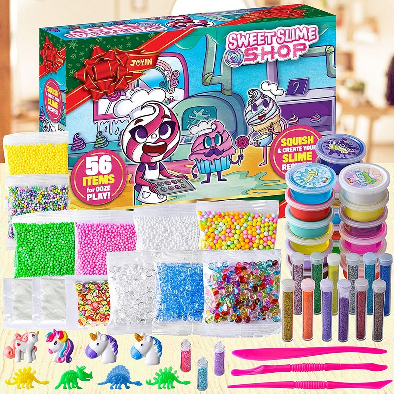 56pcs DIY Slime Kit Making Art Craft with 18 Slime and 38 Accessories Fruit Slices Beads Foam Balls Cutting Tools Soft Clay Glitter Tubes