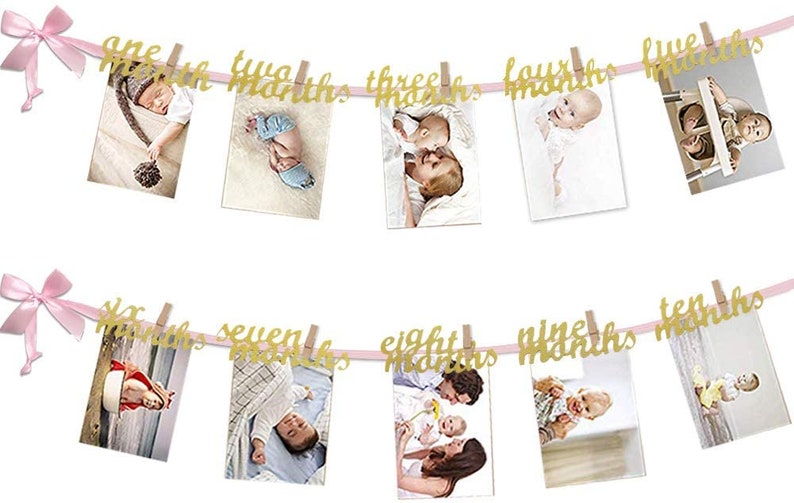4 X 6 Inches 12 Month Photo Banner First Birthday Decoration Photo Banner for First Birthday Party Tiny Wooden Clothespins Glitter Cardstock