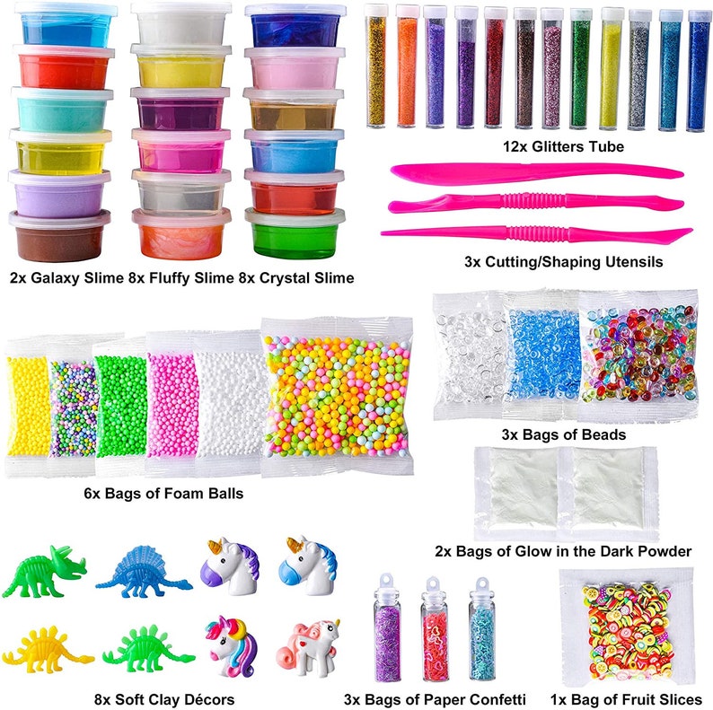 56pcs DIY Slime Kit Making Art Craft with 18 Slime and 38 Accessories Fruit Slices Beads Foam Balls Cutting Tools Soft Clay Glitter Tubes