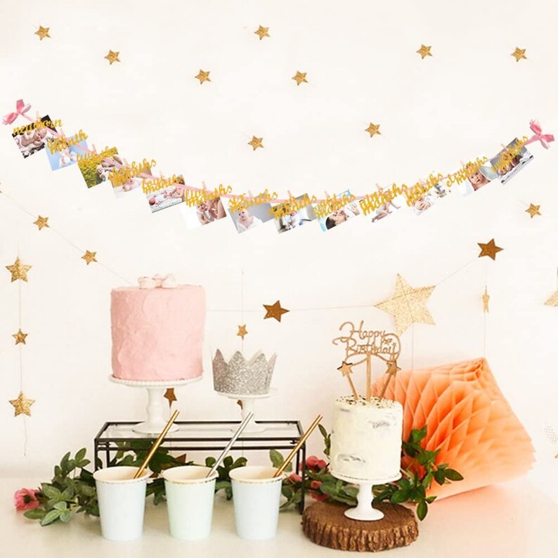 4 X 6 Inches 12 Month Photo Banner First Birthday Decoration Photo Banner for First Birthday Party Tiny Wooden Clothespins Glitter Cardstock
