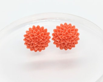 Orange Stud Earrings, Acrylic Cabochon Jewellery, Floral Stud Earrings,