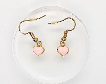 Gold Plated Pink Jewellery, Small Heart Earrings, Pink Heart Earrings, Dainty Dangle Jewellery