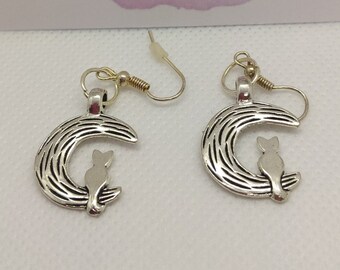 cat earrings/moon drops/crescent moon/sterling silver feline/silver plated lunar/celestral/half moon jewellery/gifts for her