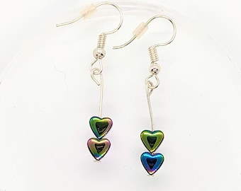 Rainbow Heart Jewellery, Metallic Earrings, Love Heart Earrings, Dainty Rainbow Jewellery,