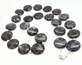 Grey Gemstone Necklace, Larvakite Coin Necklace, Black Circle Jewellery, Grey Round Gemstone