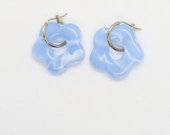 Blue and White Hoops, Blue Floral Earrings, Flower Shaped Jewellery, Flower Hoops