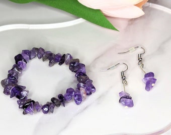 Amethyst Jewelry Set: Chip Bead Bracelet & Silver Earrings