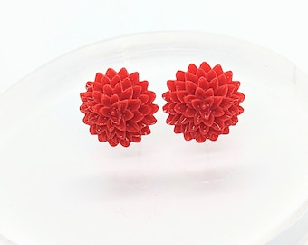 Red Flower Earrings, Red Studs, Flower Stud Earrings, Novelty Jewellery