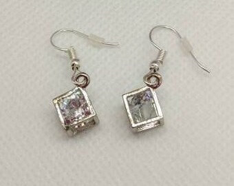 diamante cube/Silver plated/sterling silver/anniversary gift/birthday present/glitter earrings/sparkly drops/square earrings/simple earrings