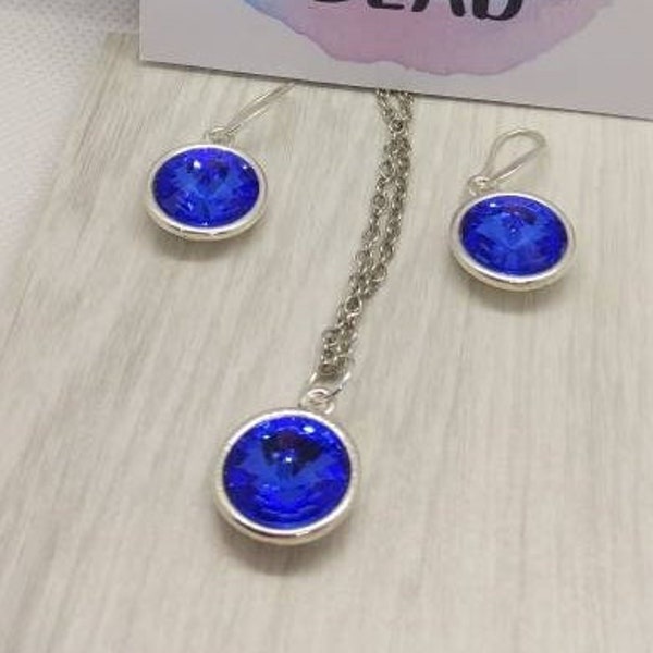 Rivoli earrings/sparkly earrings/sparkly necklace/blue necklace/circle necklace/circle earrings/silver plated earrings/rivoli drops