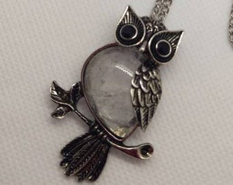 Owl Necklace, Clear Quartz Jewellery, Owl Pendant, Gemstone necklace, Bird Jewellery