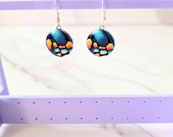 Blue and Orange Round Earrings with Butterfly Design